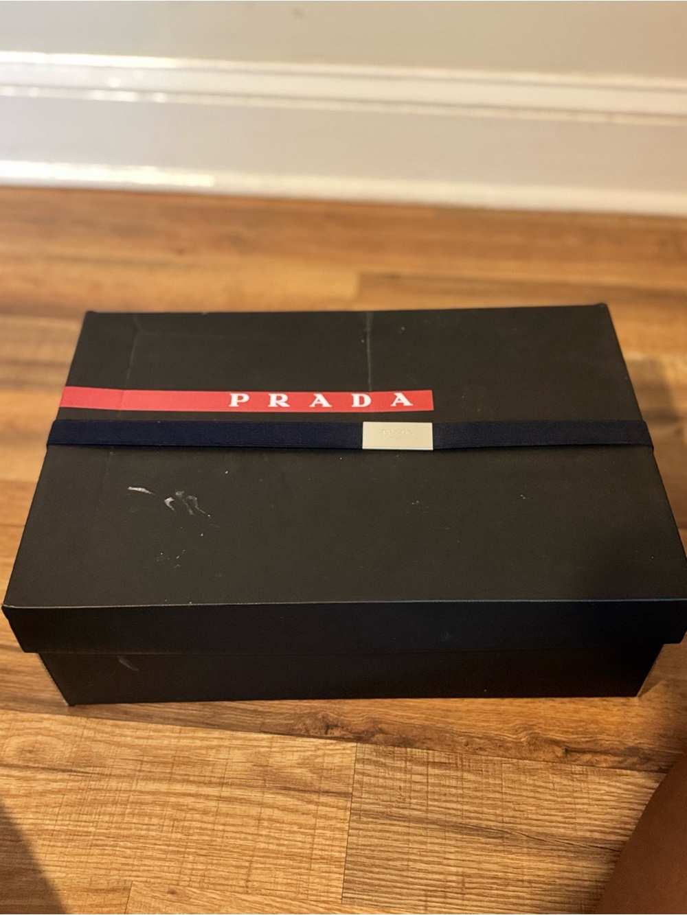 Prada Black Box with Red Logo Stripe and Navy Band